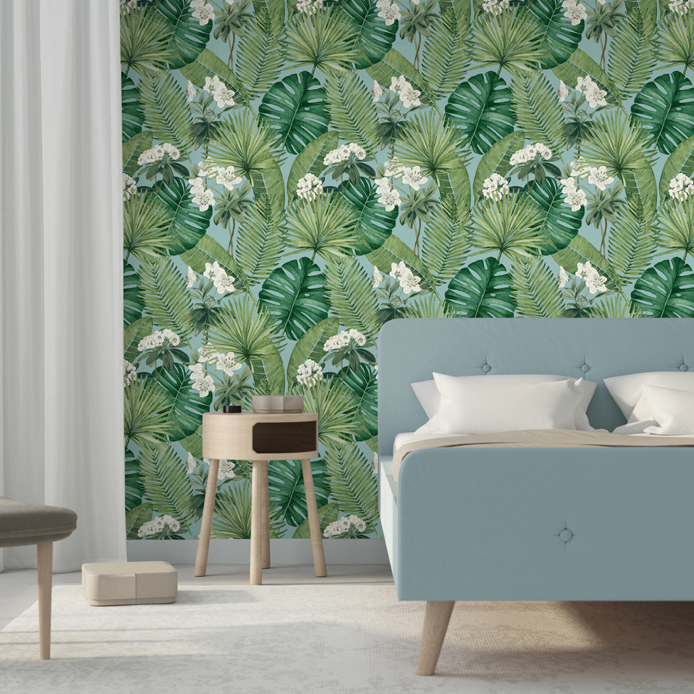 Muriva Isla Leaf Blue/Green M37801 | Wallpaper Central